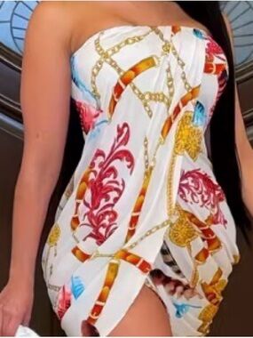 Strapless White Chain-Print Mini Dress